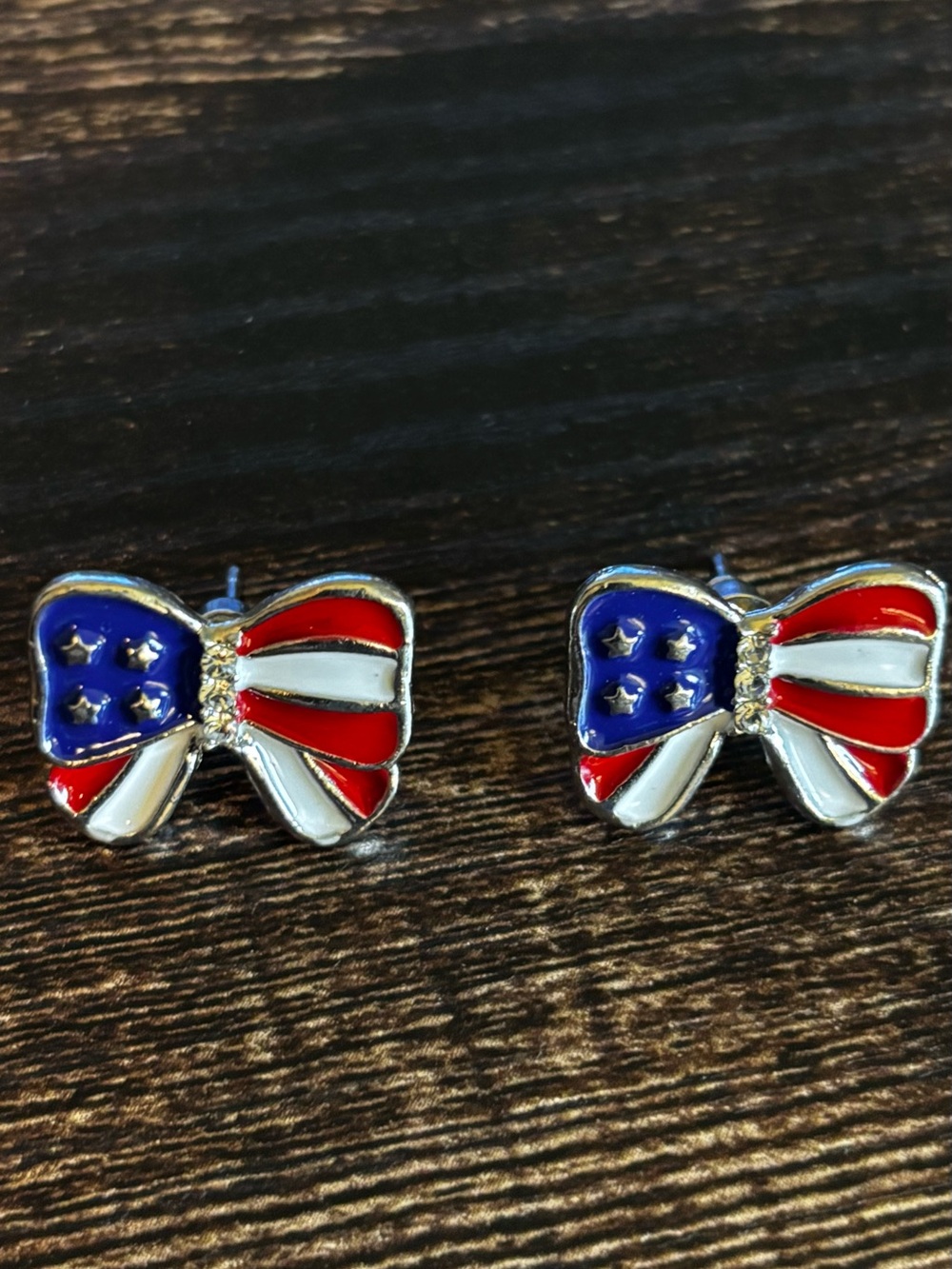 Patriotic Bow Stud Earrings - Red White Blue in Silver Tone